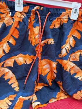 Tommy Bahama Navy Swim Shorts with Orange Tropical Leaf Print